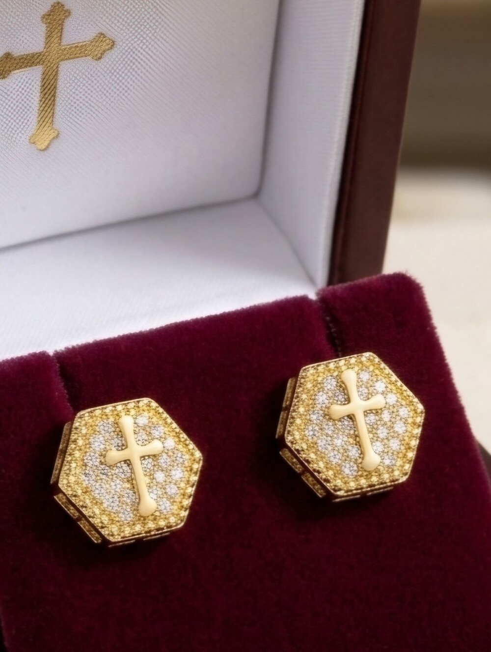 Mens Gold Hexagon Cross Stud Earrings